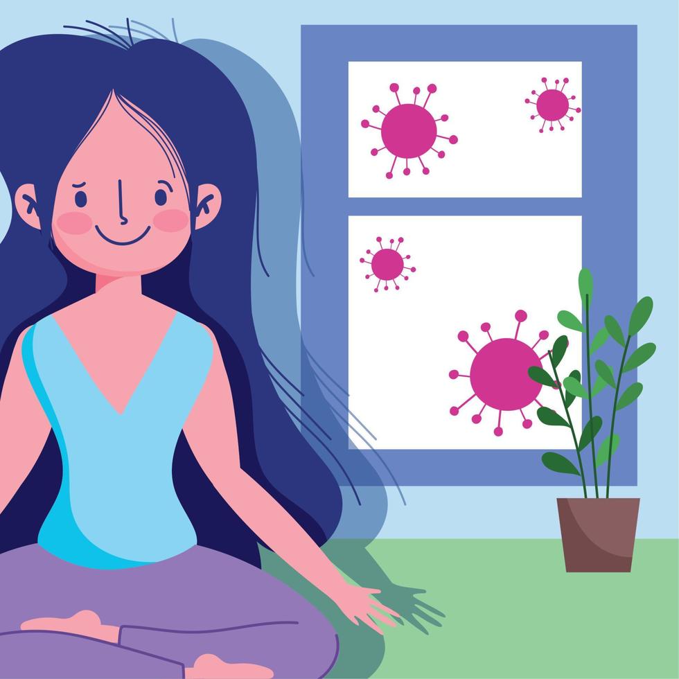 jeune femme yoga pose lotus fenêtre activité sport exercice à la maison covid 19 pandémie vecteur