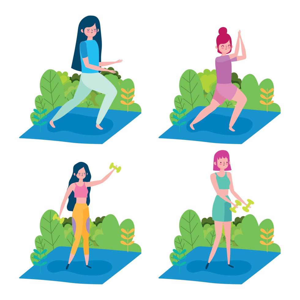 groupe de femmes pratiquant le yoga et la levée de poids vie saine en plein air vecteur