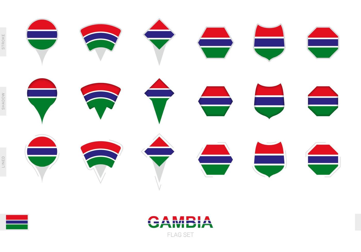 collection du drapeau de la gambie sous différentes formes et avec trois effets différents. vecteur