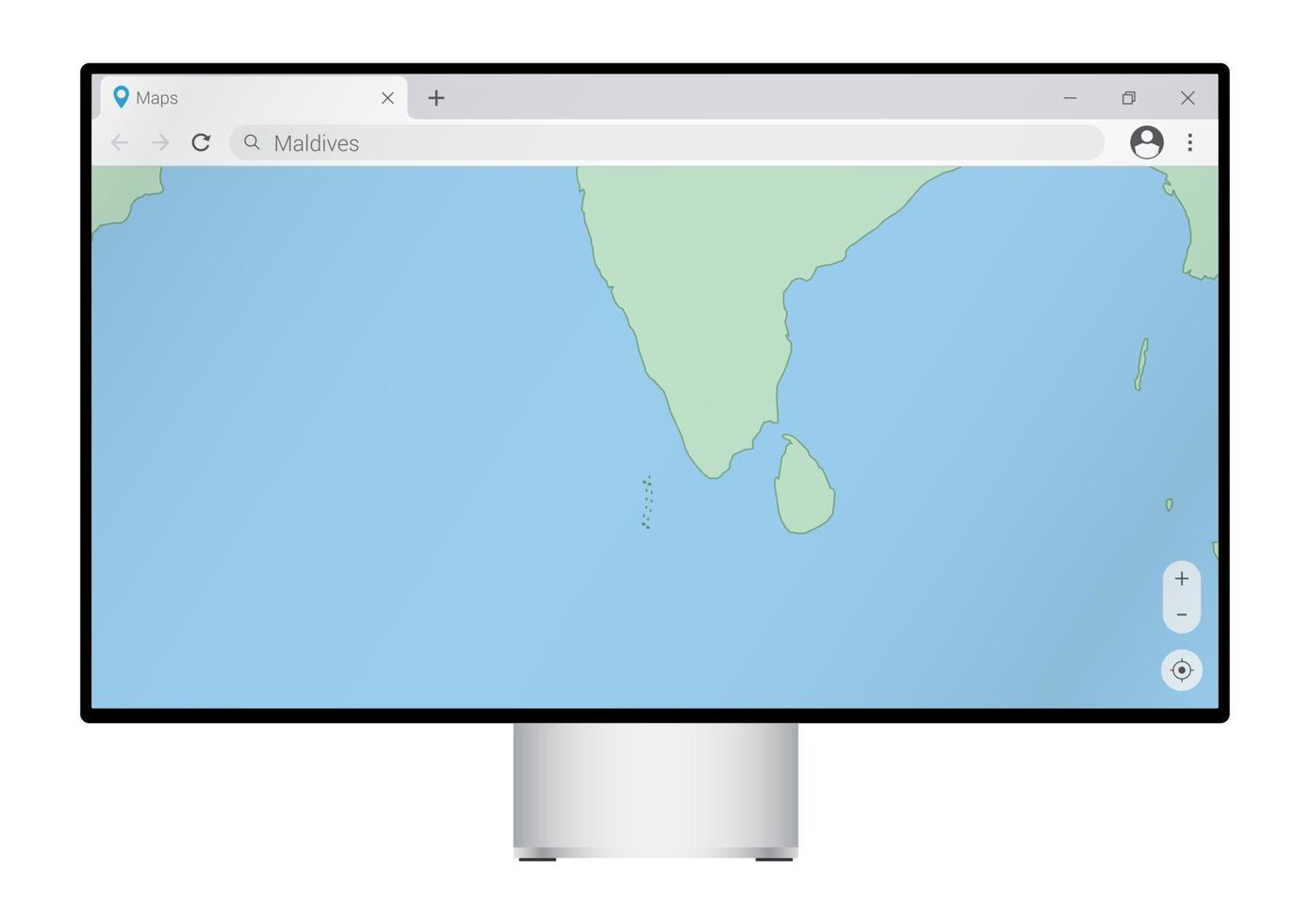écran d'ordinateur avec carte des maldives dans le navigateur, recherchez le pays des maldives sur le programme de cartographie Web. vecteur