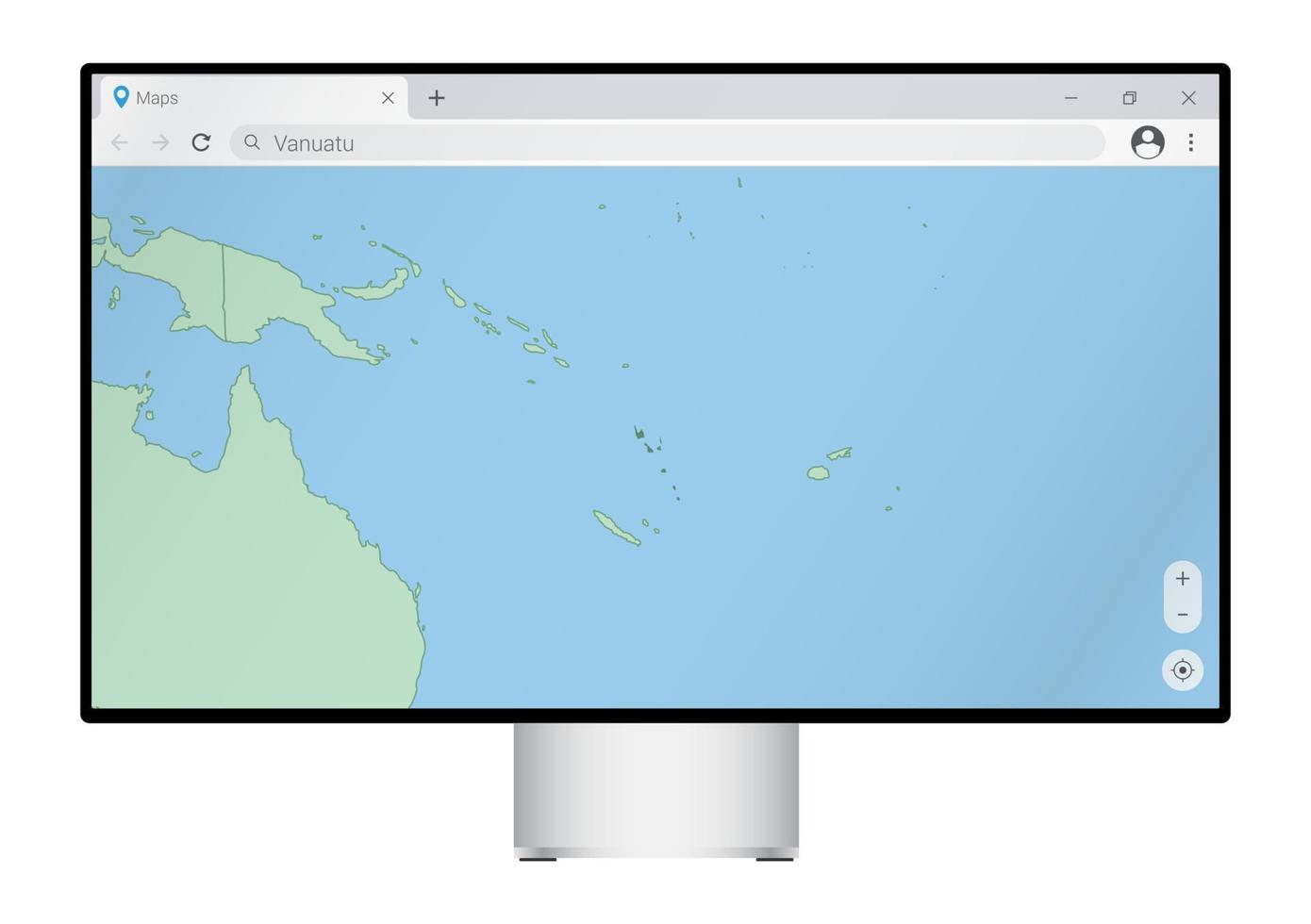 écran d'ordinateur avec carte du vanuatu dans le navigateur, recherchez le pays du vanuatu sur le programme de cartographie Web. vecteur