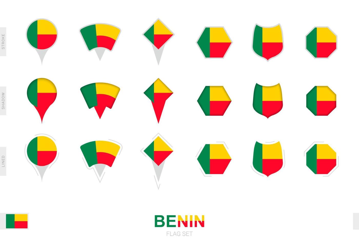 collection du drapeau du bénin sous différentes formes et avec trois effets différents. vecteur