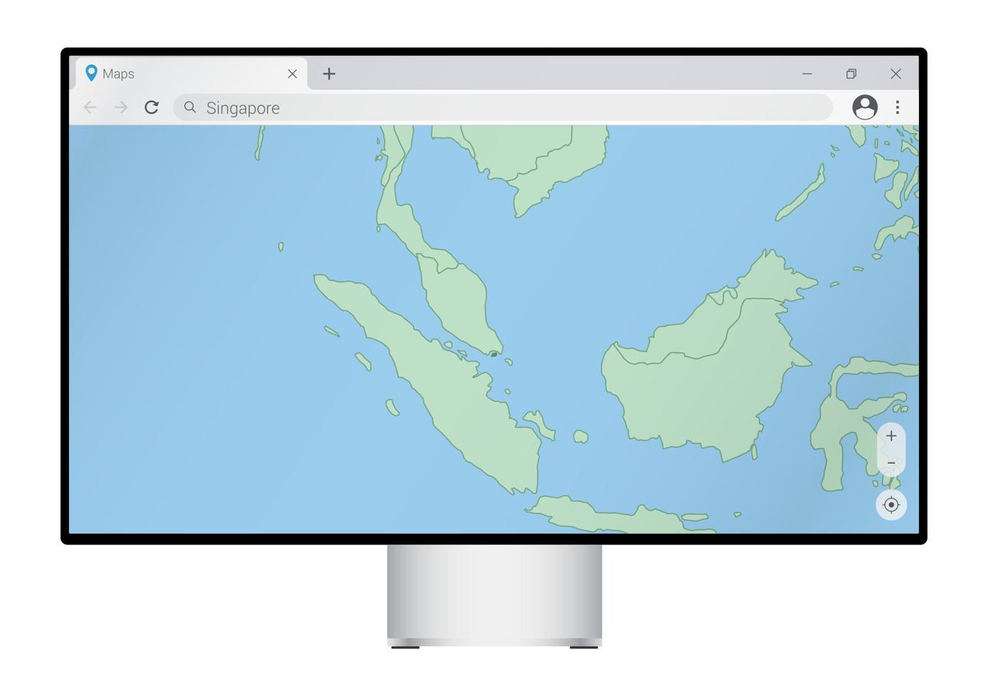 écran d'ordinateur avec carte de singapour dans le navigateur, recherchez le pays de singapour sur le programme de cartographie Web. vecteur