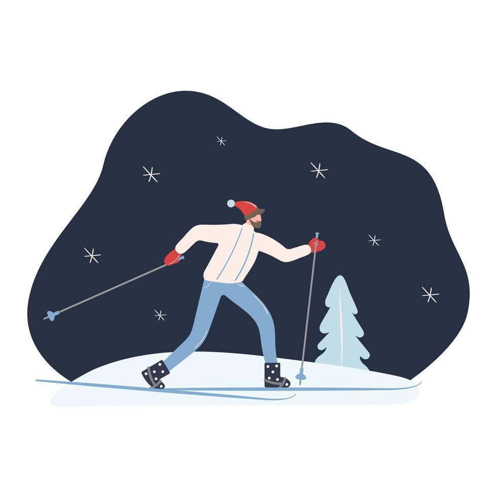 un homme barbu fait du ski de fond dans les bois. illustration vectorielle vecteur