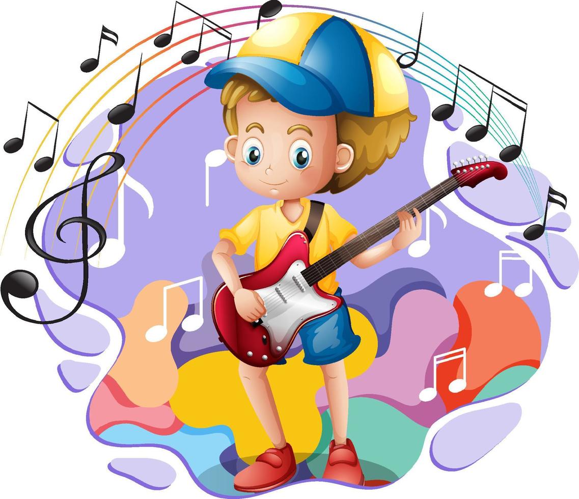 un garçon jouant de la guitare et des symboles de mélodie musicale vecteur