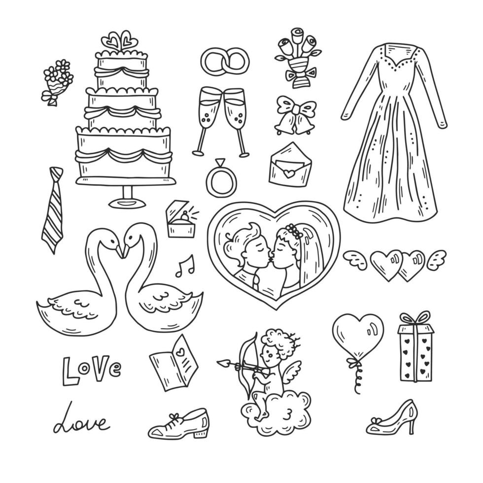 collection d'éléments de mariage doodle vecteur