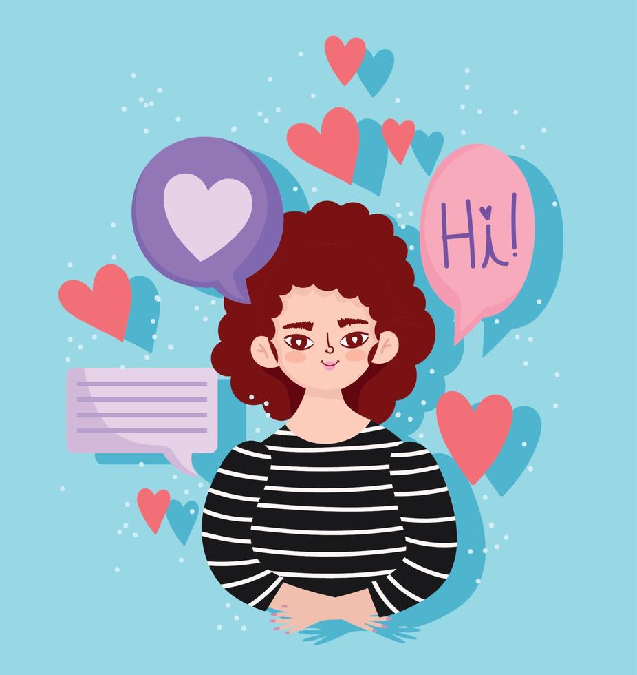 personnage de femme, message de bulle de discours coeurs amour dessin animé portrait romantique vecteur
