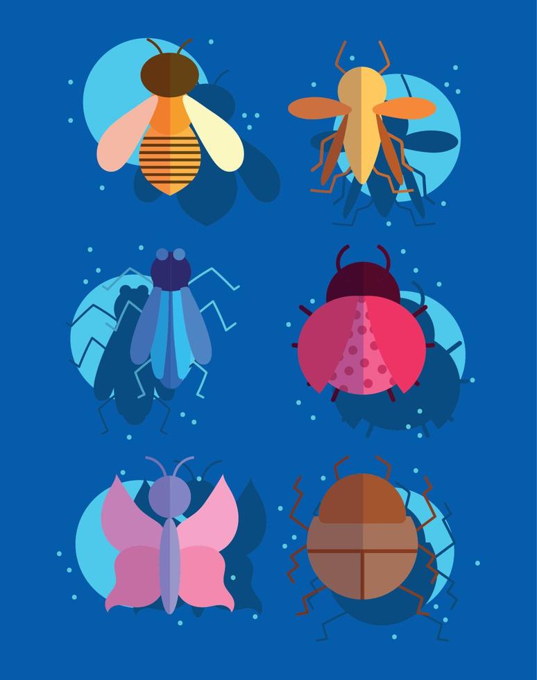 bugs petits animaux en style cartoon sur fond bleu vecteur