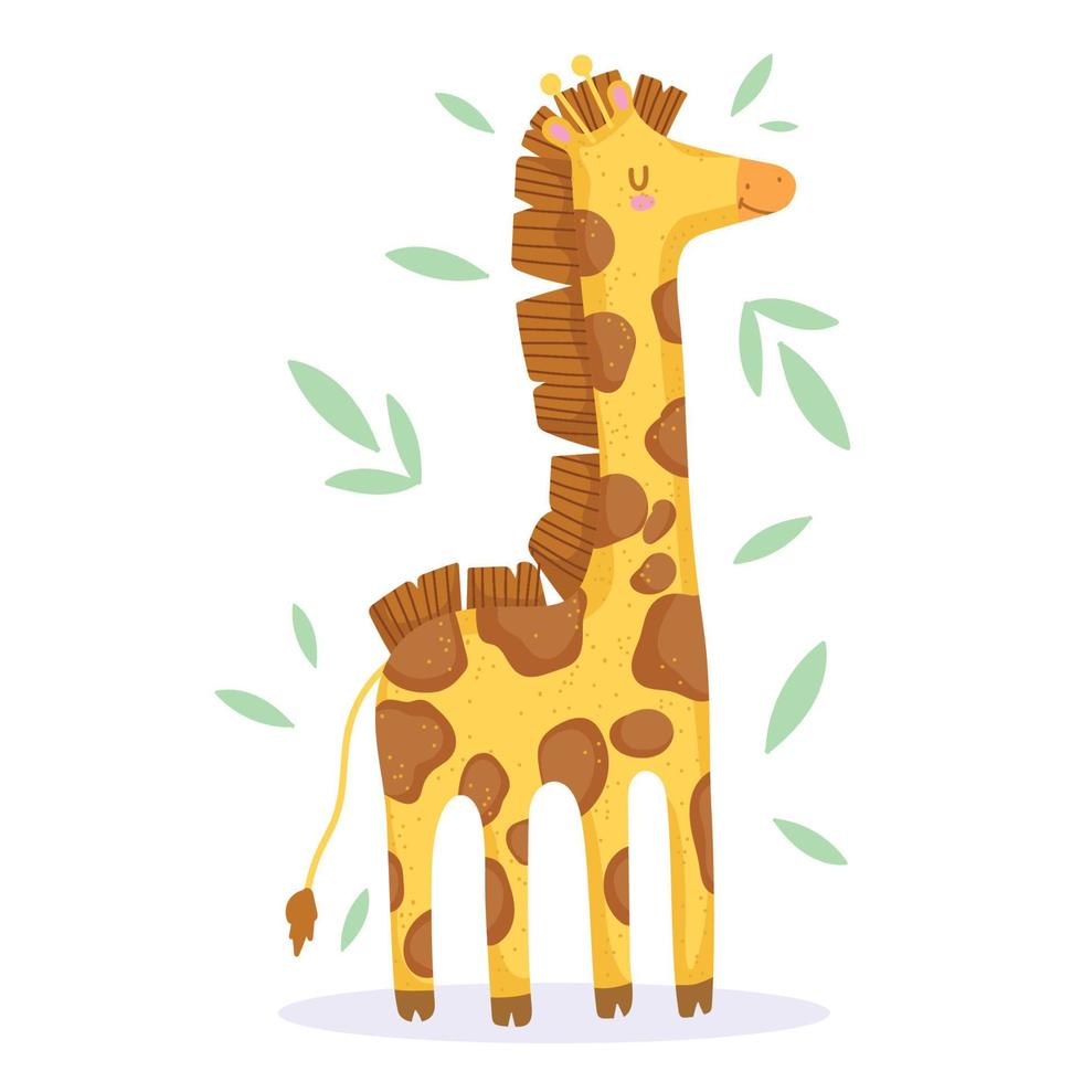 caricature de safari animal girafe avec des feuilles vecteur