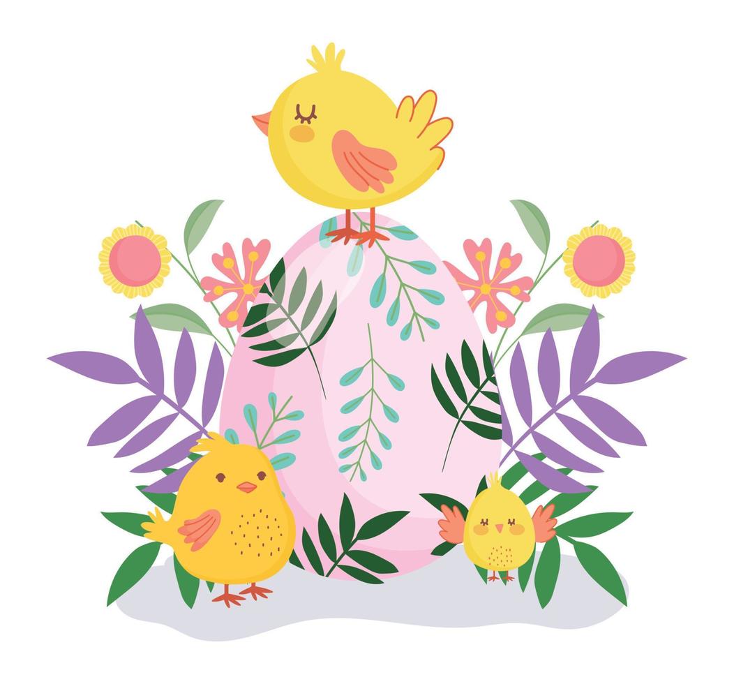 joyeuses pâques poulets mignons oeuf coloré fleurs feuillage nature vecteur