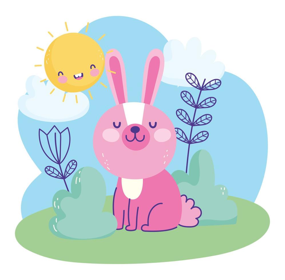 petit lapin rose assis herbe ciel nature dessin animé texte mignon vecteur