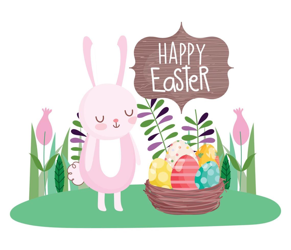 Joyeuses pâques lapin mignon avec panier rempli d'oeufs décoration fleurs vecteur