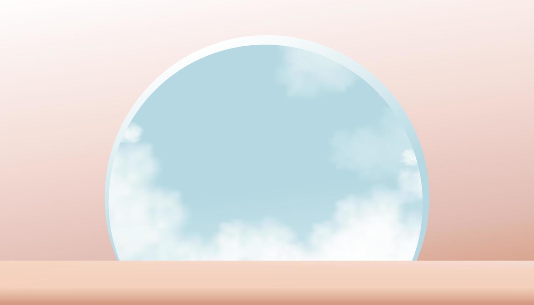Affichage du podium 3d sur fond de mur beige, support de bannière de toile de fond de vecteur avec ciel bleu nuage sur la fenêtre, salle de studio de maquette minimale pour la beauté, cosmétique, présentation de produit de spa