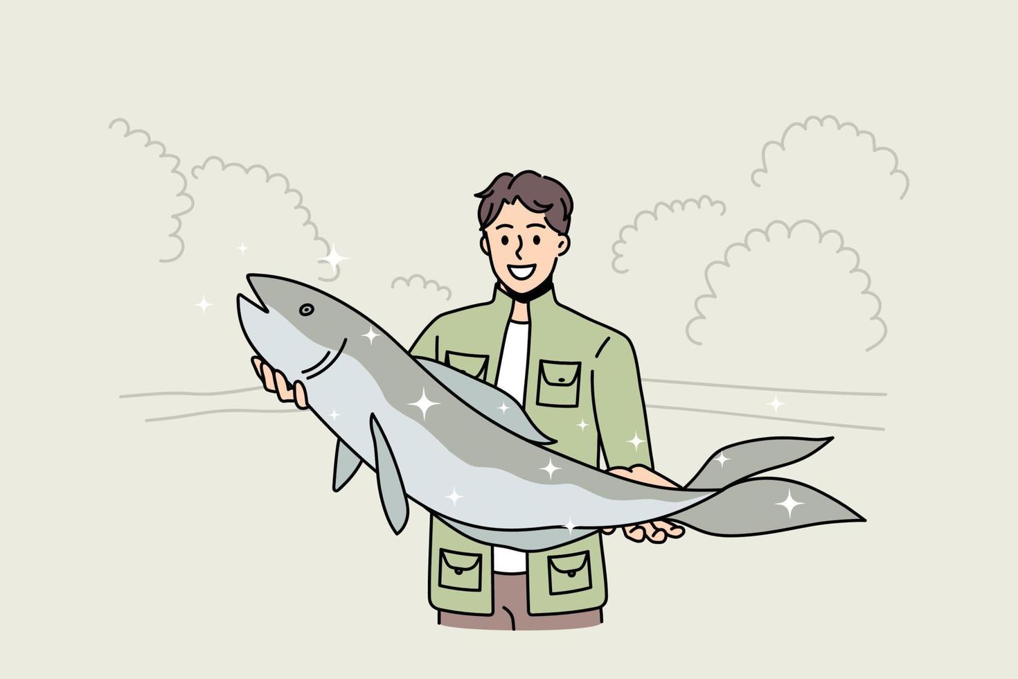 un jeune pêcheur souriant tient de gros poissons fiers de bien pêcher ou de chasser. homme heureux en costume vert satisfait d'une pêche réussie. passe-temps, concept de pêche. illustration vectorielle plane, personnage de dessin animé. vecteur