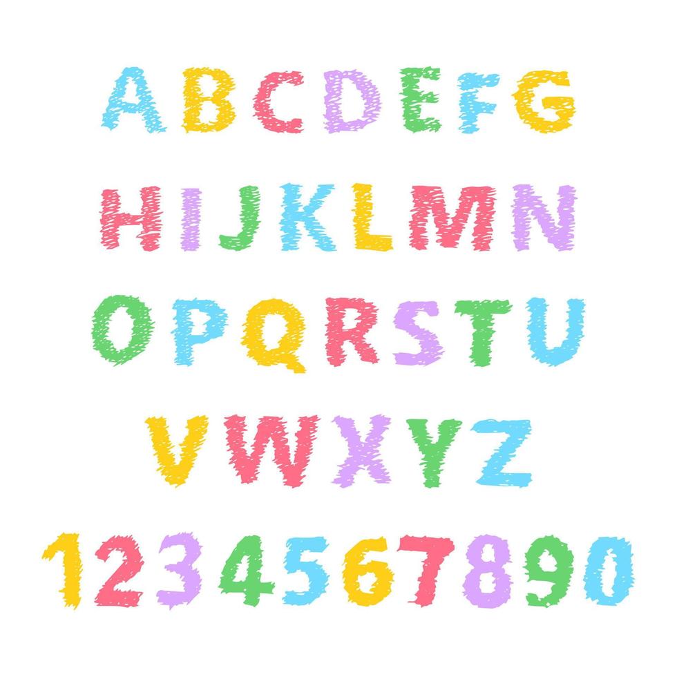 lettres et chiffres de l'alphabet latin dessinés à la main. symboles multicolores sur fond blanc. illustration vectorielle. vecteur