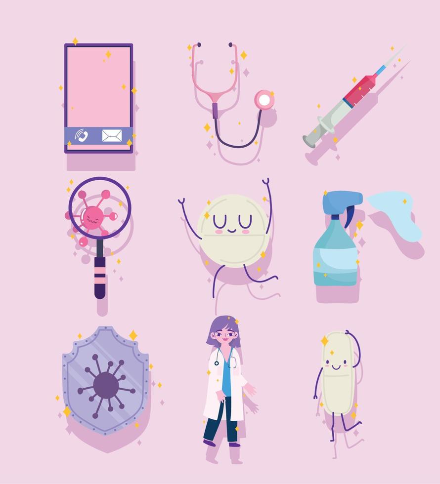 covid 19 virus cartoons icon set vector design