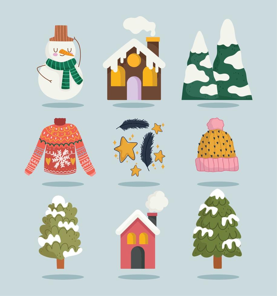 hiver, bonhomme de neige, maison, neige, montagne, arbre, chandail, icônes, ensemble, dessin animé vecteur