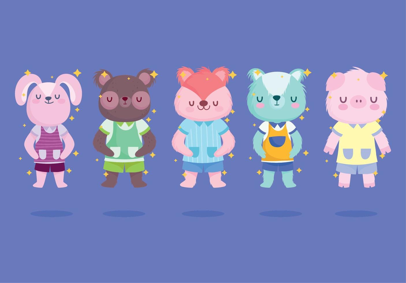 retour à l'école, mignon petit lapin ours cochon chat raton laveur avec dessin animé uniforme vecteur