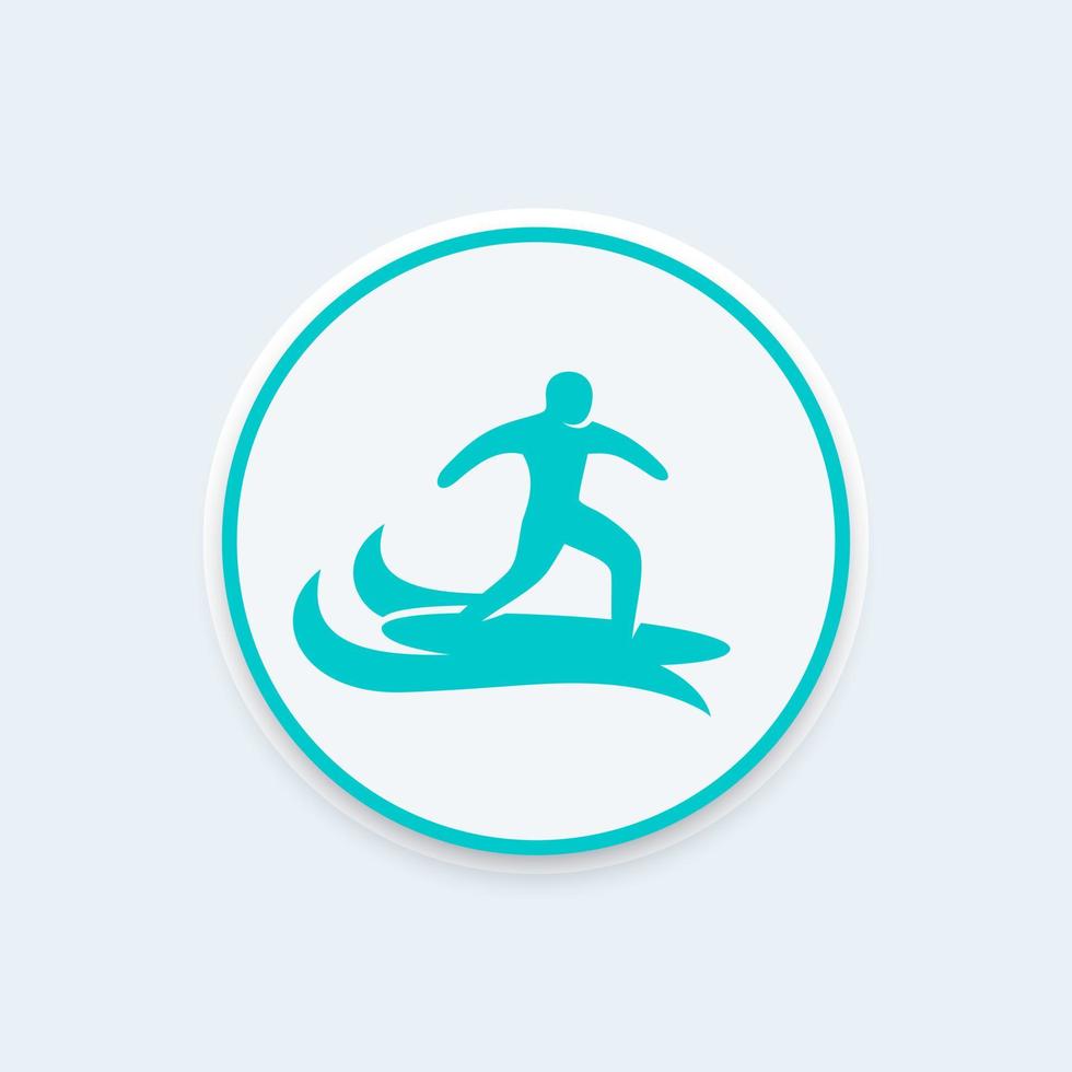 icône de surfeur, signe de vecteur de surf, homme sur l'icône de planche de surf sur la forme ronde, illustration vectorielle