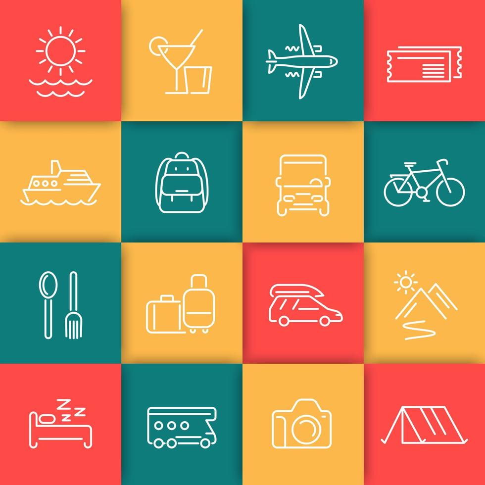 voyage, ensemble d'icônes de ligne de tourisme, loisirs, voyage, visite, pictogrammes linéaires de voyage, icônes sur des carrés de couleur, illustration vectorielle vecteur