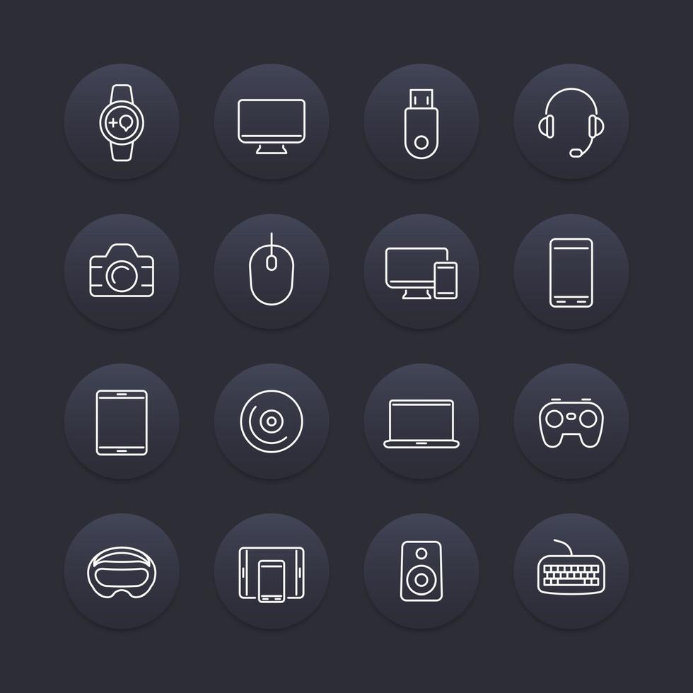 icônes de ligne de gadgets modernes, ensemble rond sombre, illustration vectorielle vecteur