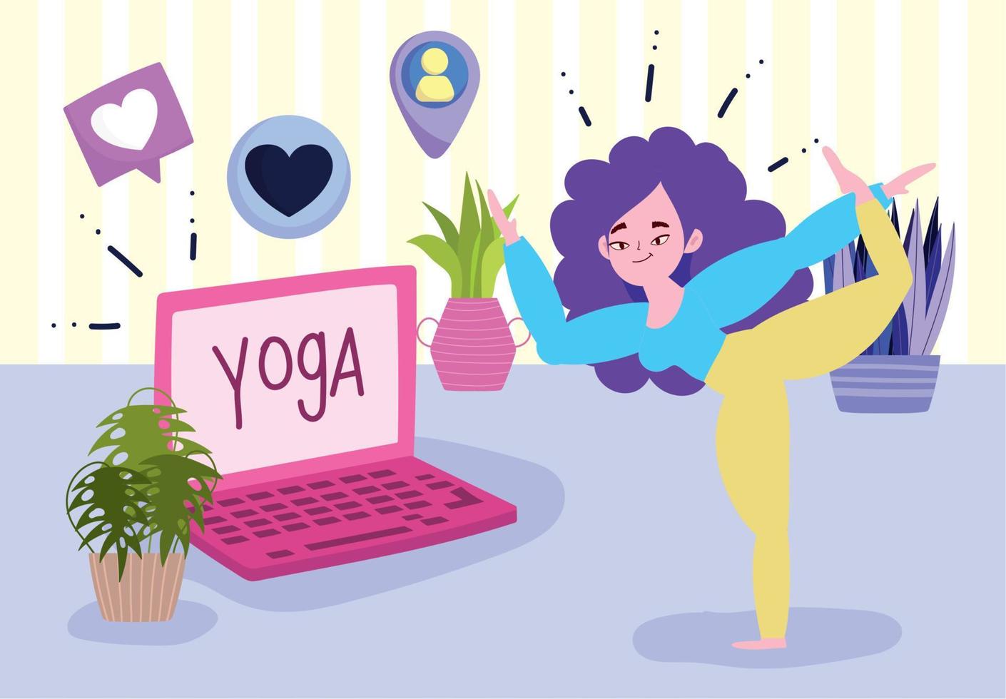 yoga en ligne, jeune femme en pose de yoga ordinateur portable dans la chambre vecteur