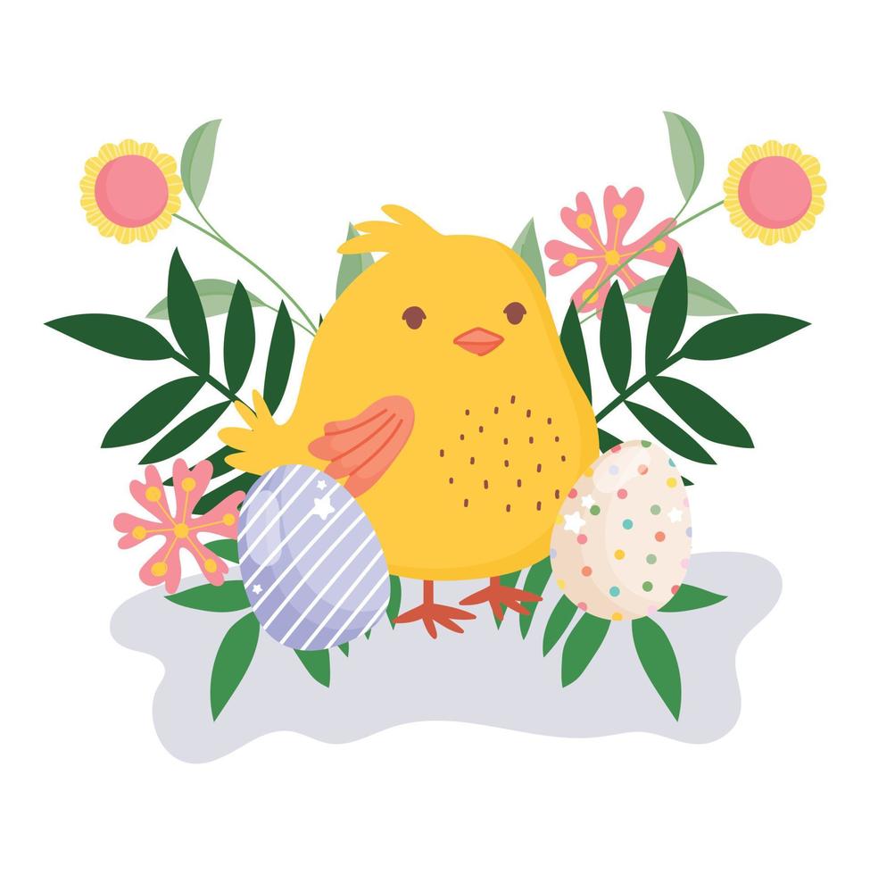 joyeuses pâques poulet mignon oeufs décoratifs fleurs feuilles nature vecteur