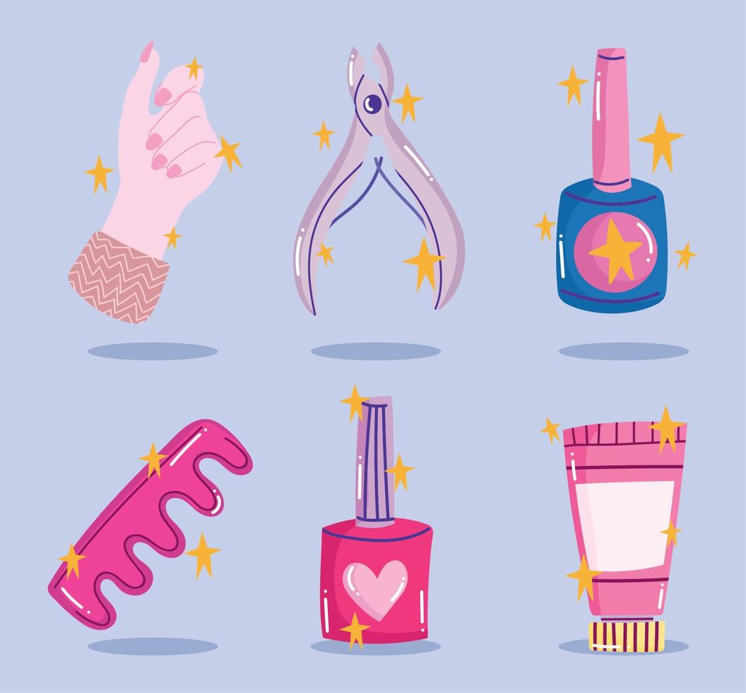 ensemble d'icônes de manucure, outils vernis à ongles séparateur de doigts crème et coupe-cuticules conception de style dessin animé vecteur