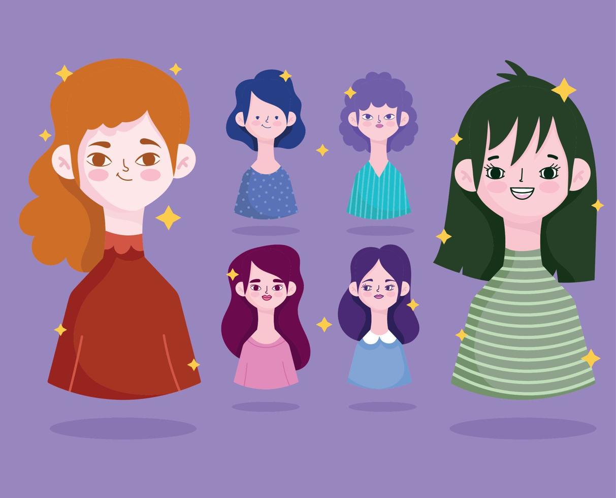 ensemble de conception d'avatar de dessin animé de profil de femmes différentes vecteur