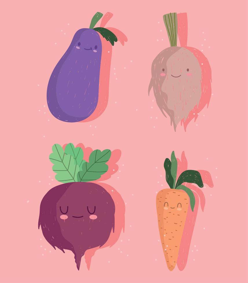 rigolote, légumes, dessin animé, oignon, aubergine, radis, et, carotte, icônes vecteur