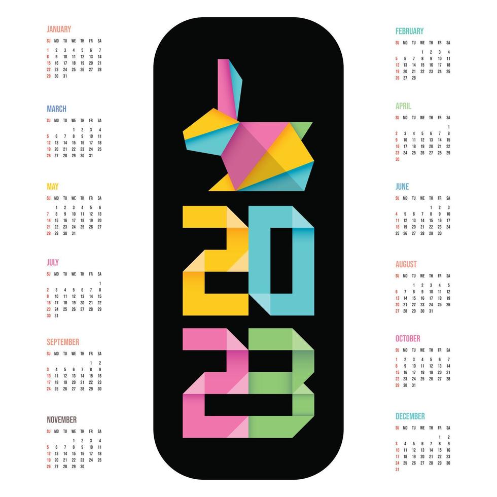 Calendrier de lapin origami 2023 conception vectorielle colorée de bonne année. vecteur