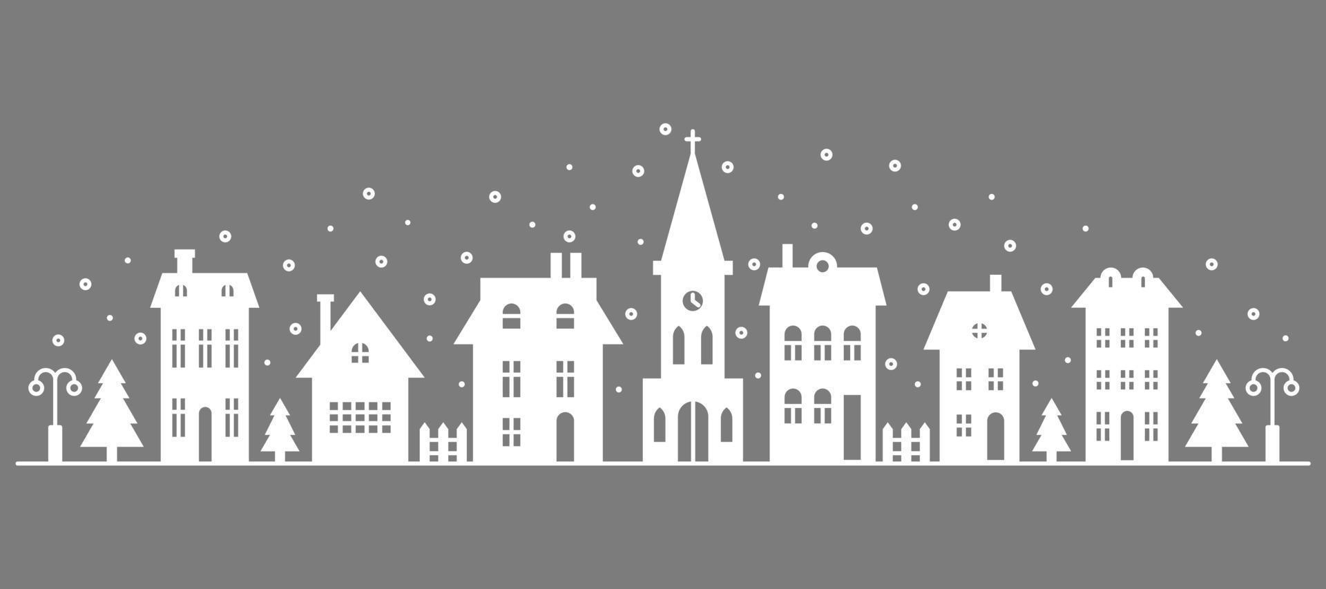 paysage d'hiver de quartier de banlieue. silhouette de maisons et d'église sur l'horizon avec des flocons de neige. maisons de campagne. illustration vectorielle de glyphe sur fond gris vecteur
