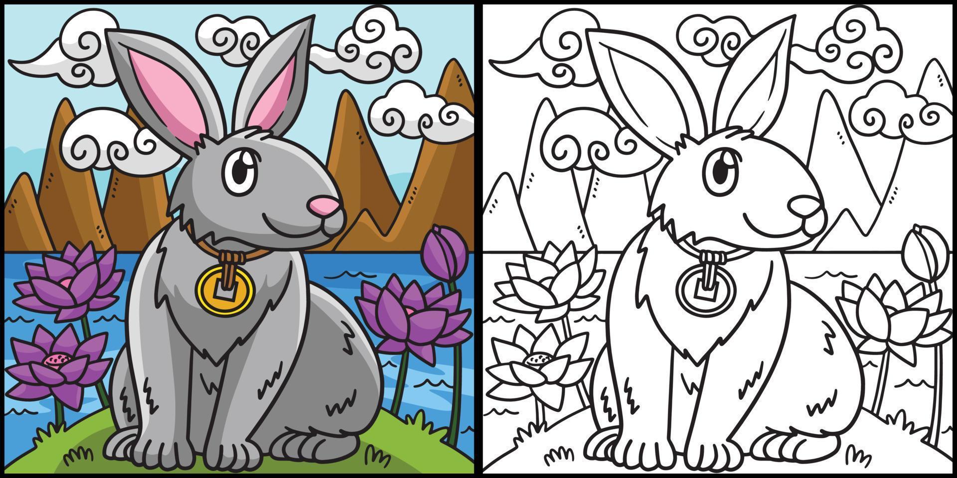 lapin dans le jardin de lotus illustration de page à colorier vecteur