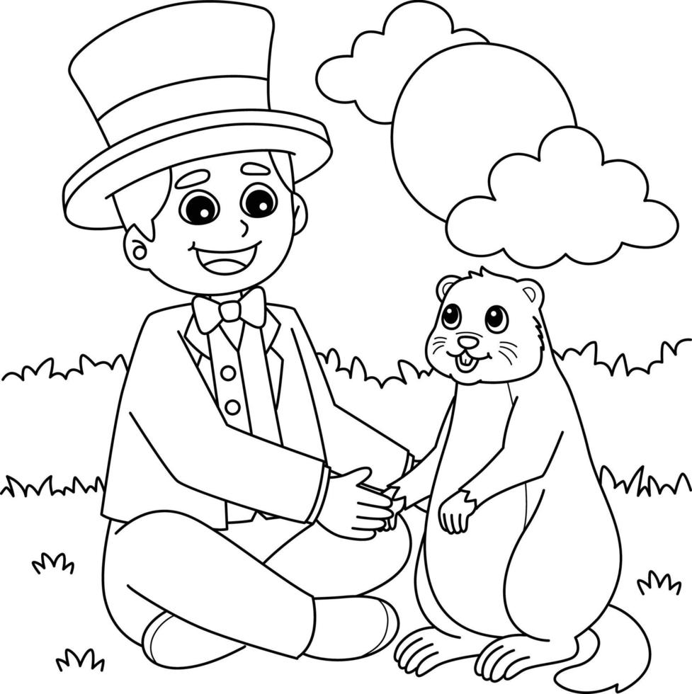 homme tenant une marmotte à colorier pour les enfants vecteur