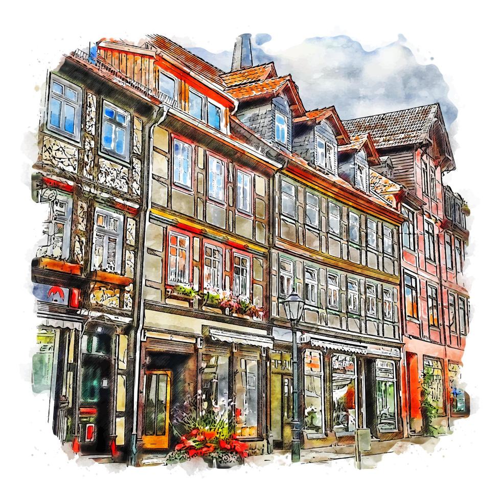 wernigerode altstadt allemagne croquis aquarelle illustration dessinée à la main vecteur