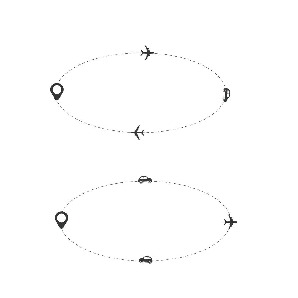 ensemble d'itinéraires d'avion, de voiture, de camion et de vélo en pointillés avec un design plat d'icône d'emplacement vecteur