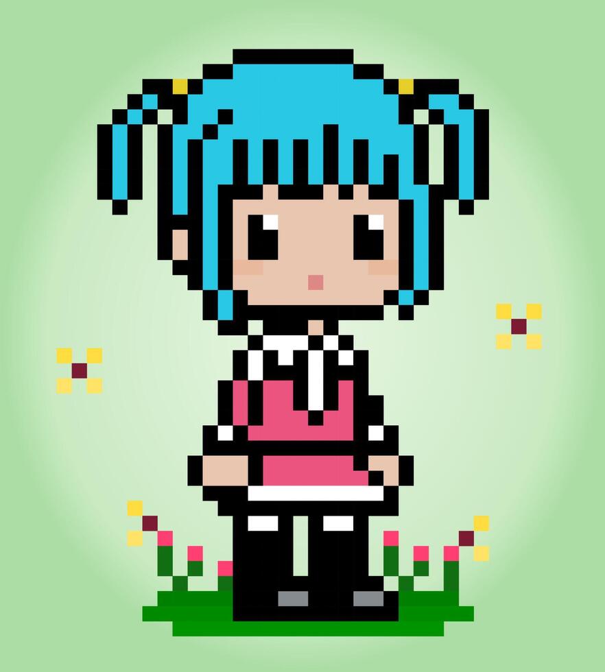 Fille pixel 8 bits avec papillon et fleurs. pixels de femme pour les actifs de jeu et les motifs de point de croix dans les illustrations vectorielles. vecteur