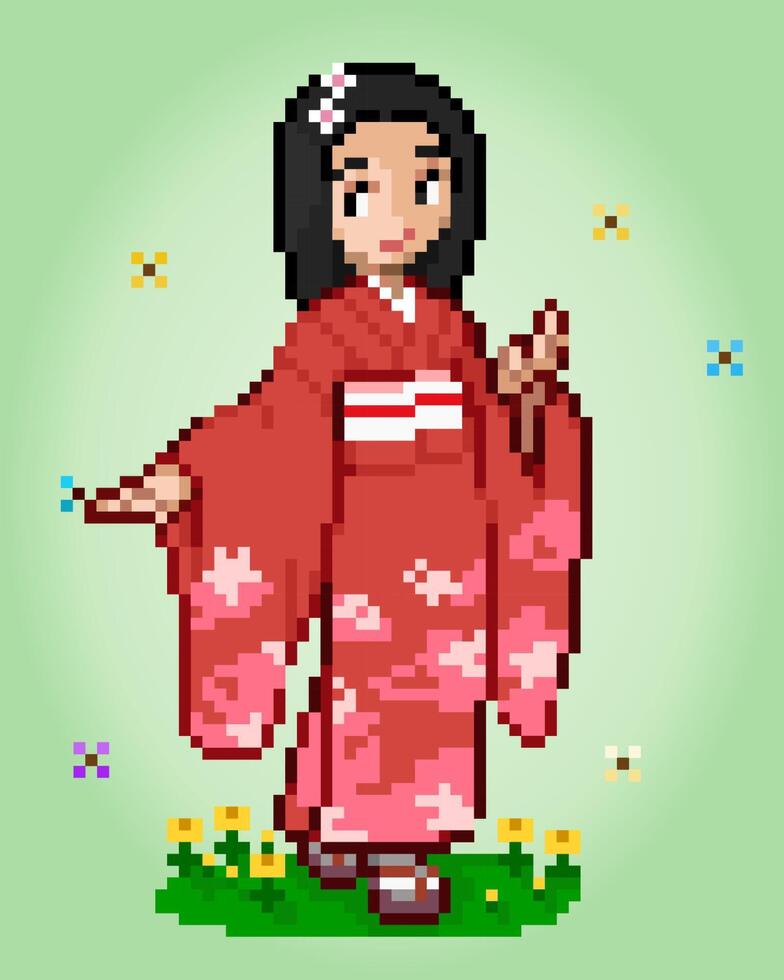 Les femmes de caractère 8 bits pixels portent une robe kimono. pixels de fille adulte dans les illustrations vectorielles pour les actifs de jeu ou les motifs de point de croix. vecteur