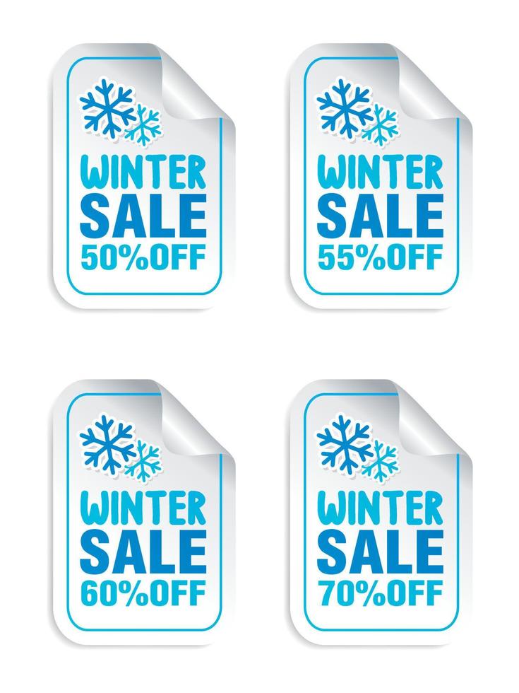 autocollants de vente d'hiver sertis de flocons de neige. soldes d'hiver 50, 55, 60, 70 de rabais vecteur