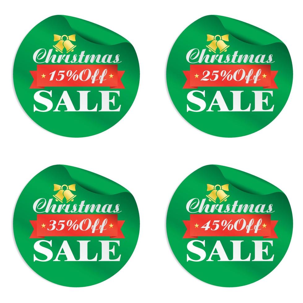 Ensemble d'autocollants verts de vente de Noël 15, 25, 35, 45 avec cloche dorée et ruban rouge vecteur