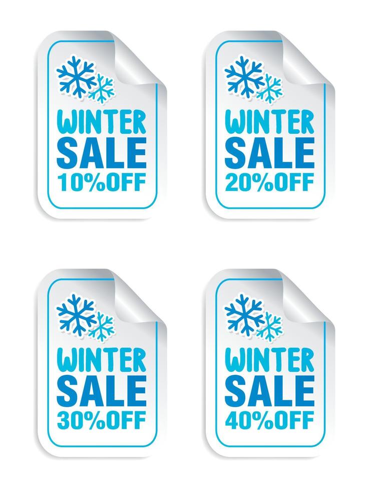 autocollants de vente d'hiver sertis de flocons de neige. soldes d'hiver 10, 20, 30, 40 de rabais vecteur