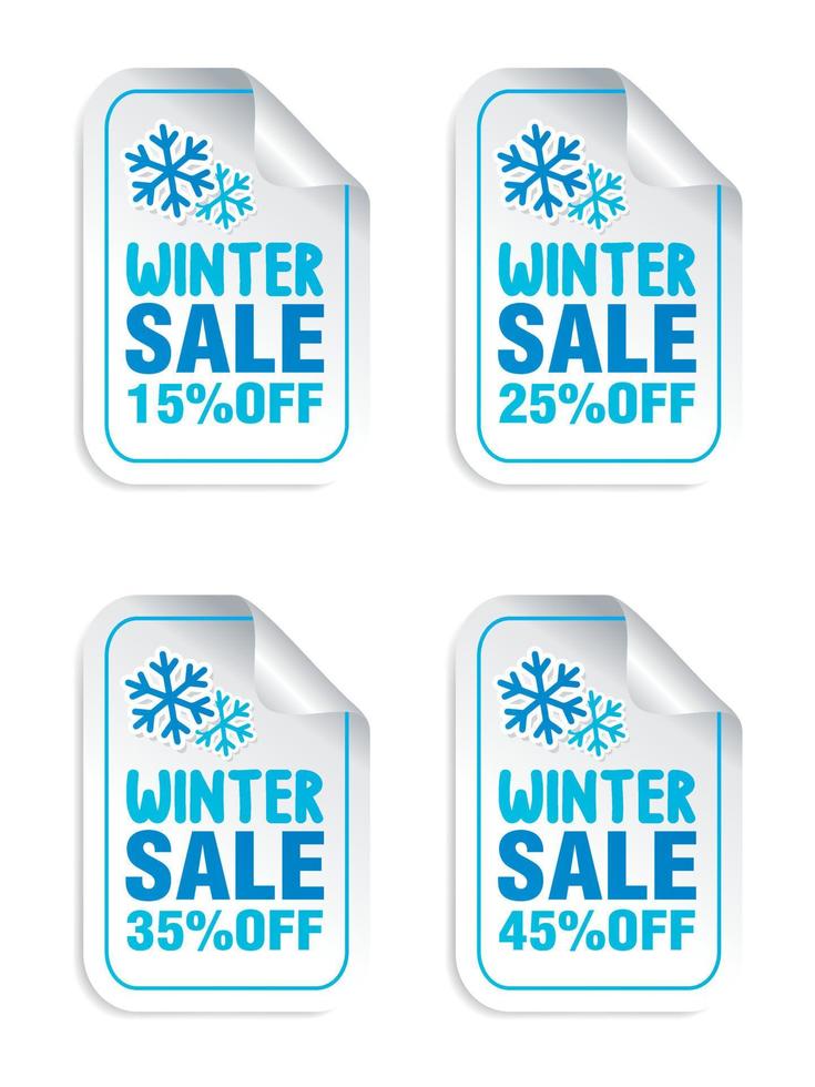 autocollants de vente d'hiver sertis de flocons de neige. soldes d'hiver 15, 25, 35, 45 de rabais vecteur