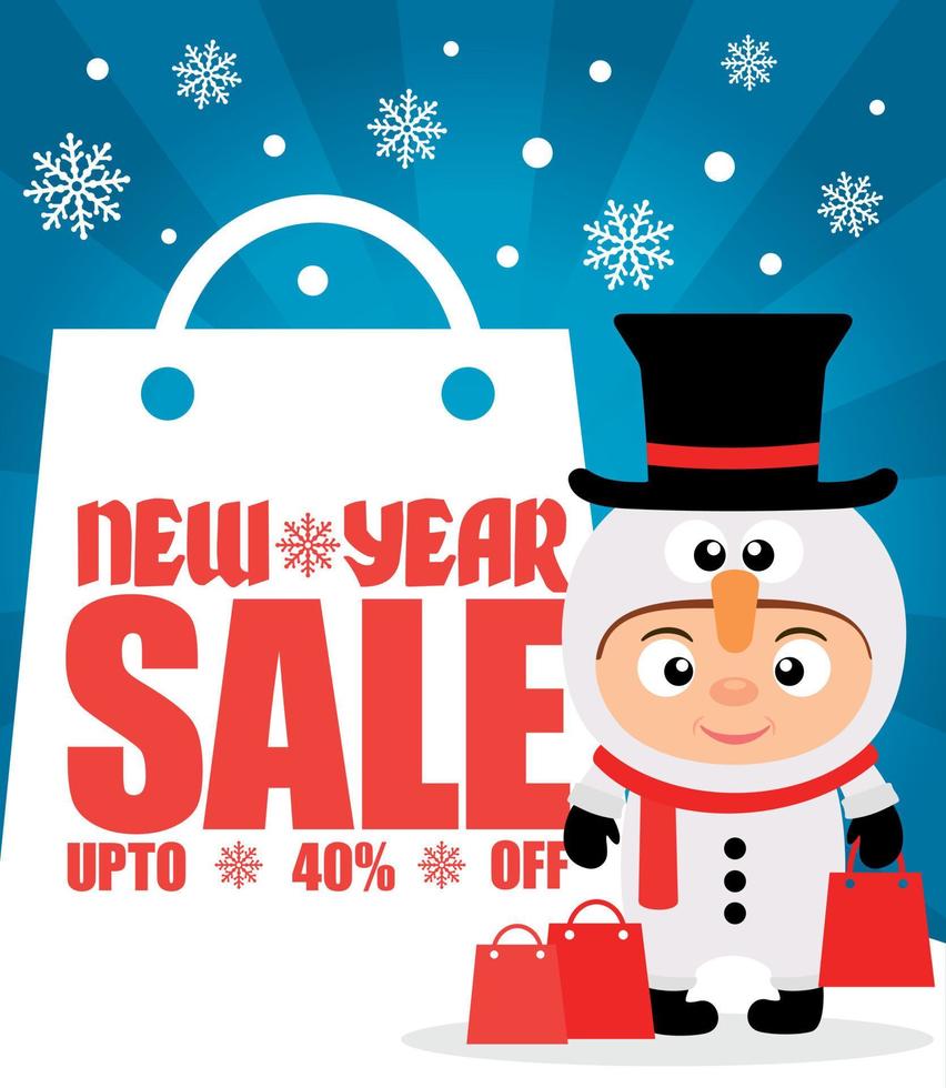 fond de vente de nouvel an jusqu'à 40 avec enfant en costume illustration vectorielle bonhomme de neige vecteur