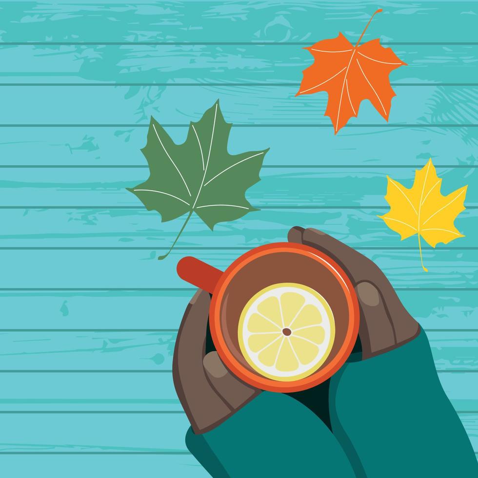 tasse de thé et de citron dans les mains d'une femme à la peau foncée sur fond bleu, feuilles colorées d'automne, image vectorielle plate, fond d'automne, ambiance d'automne vecteur