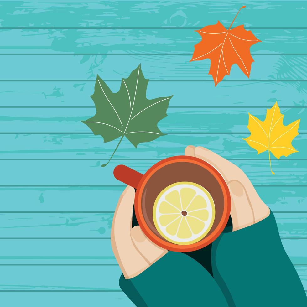 tasse avec thé et citron dans les mains féminines sur fond bleu, feuilles colorées d'automne, vecteur plat, fond d'automne, humeur d'automne