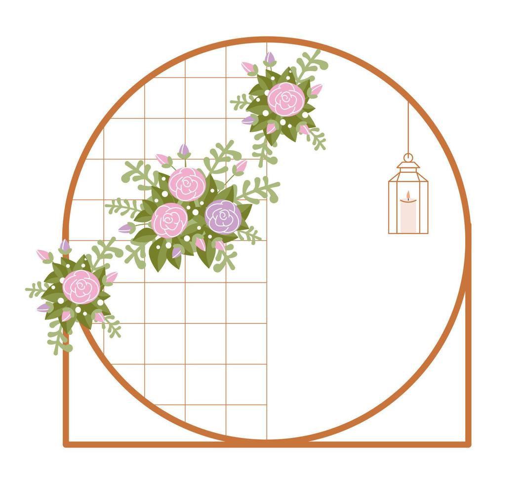 arc rond de mariage. cadre doré avec des roses et une lampe de poche. fleurs et bougies pour la cérémonie de mariage vecteur