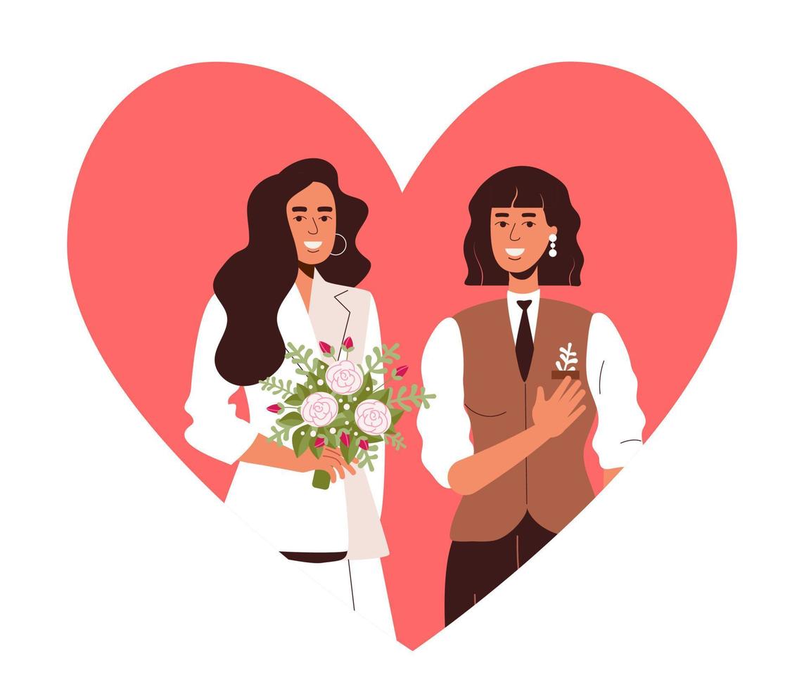 deux amis amoureux sont heureux. les lesbiennes se marient. portrait de femmes avec un coeur vecteur
