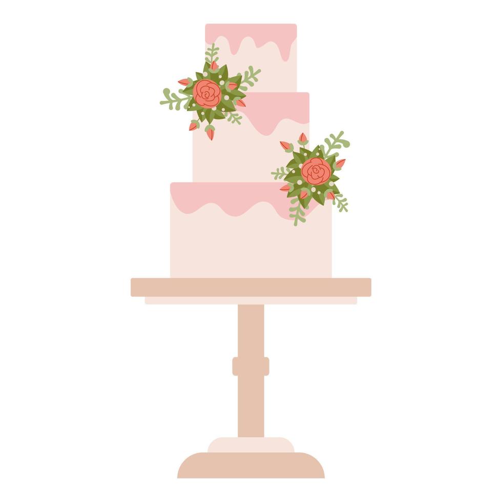 fleurs de gâteau de mariage doux. trois niveaux de crème. mariage moderne, anniversaire, marié, mariée vecteur