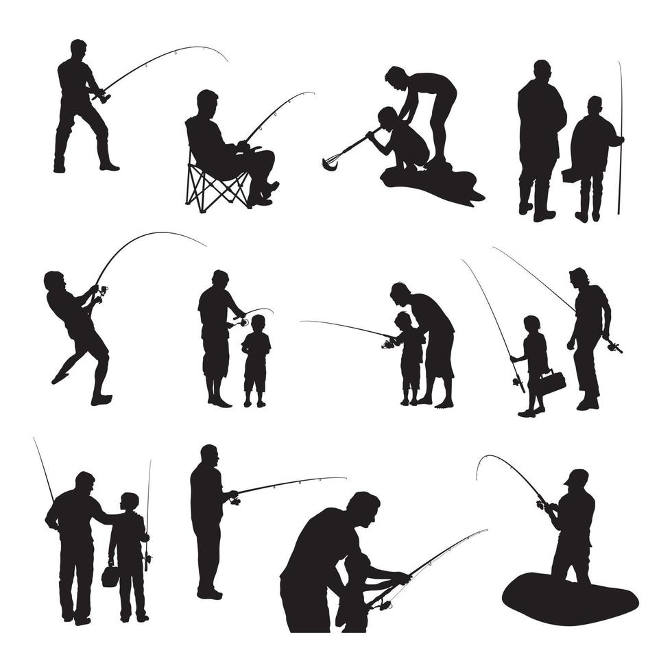 silhouette de pêche, ensemble de silhouette d'homme de pêche, vecteur d'homme de pêche -v01