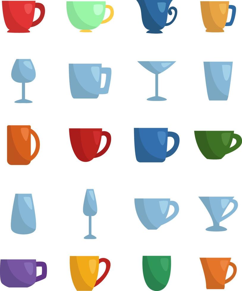 tasses et mugs colorés, illustration, vecteur, sur fond blanc. vecteur